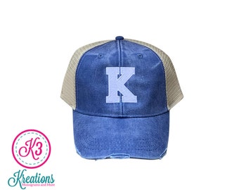 Kentucky Blue Distressed Trucker Cap, Embroidered 'K', Snapback