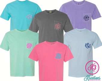 Monogrammed Comfort Colors Pocket Tee, Embroidered Cotton Shirt