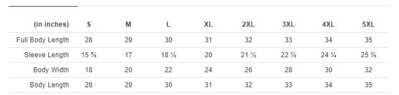 Peut inclure: Tableau des tailles pour une chemise en pouces, indiquant les mesures de la longueur totale du corps, de la longueur des manches, de la largeur du corps et de la longueur du corps. Les tailles vont du S au 5XL.