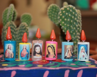 Mini Mexican Nicho Candles: Clay Ofrenda Folk Art Decor (Set of 6)