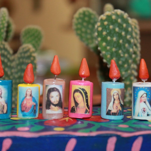 Mini Mexican Nicho Candles: Clay Ofrenda Folk Art Decor (Set of 6)