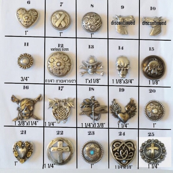 Conchos, extras, intercambiables, barettes, collares, cierres de rosca (calaveras, western, corazones, turquesa, dragones, caballos, vida silvestre, militares)