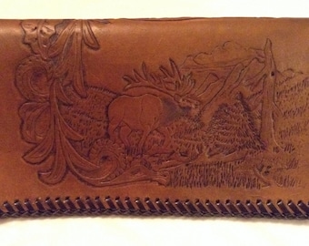 Hand tooled elk design leather Roper wallet/checkbook holder-Made in Montana