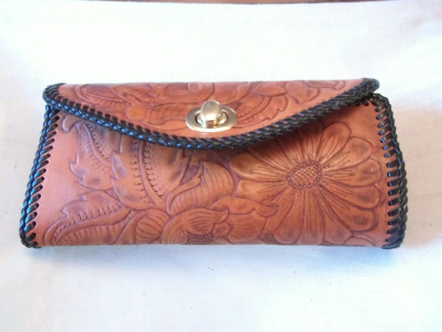 Hand tooled leather clutch purse in a flower design Made in Etsy
