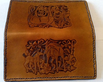 Hand Tooled Long Roper leather wallet/checkbook holder-Made in Montana-custom designs-painted option-sewn-laced-horses