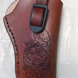 Hand tooled leather revolver holster-small-Made in Montana(adjustable strap, custom designs)