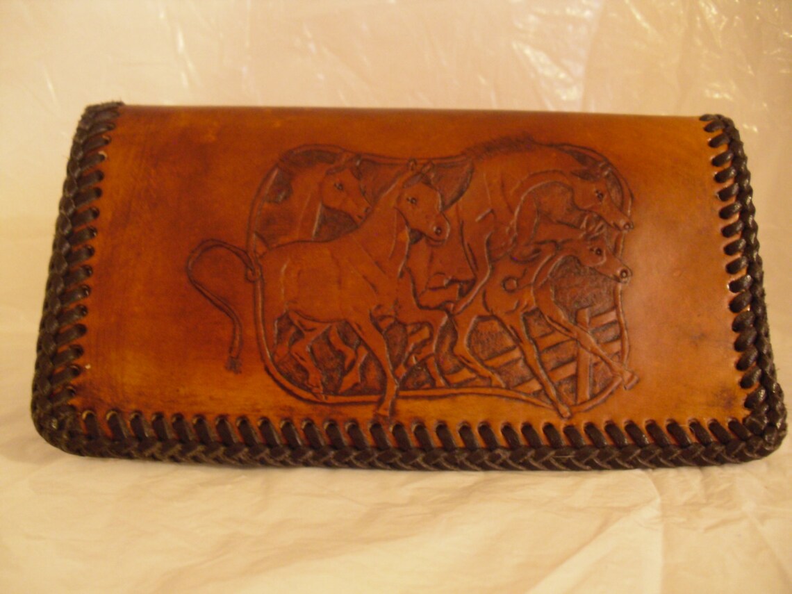 Hand Tooled Leather Checkbook Cover With Horses Made in Etsy