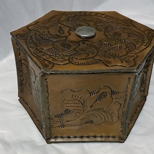 Hand tooled leather keepsake storage hexagon box Made in Montana, jewelry, collectibles, currency, trinket box