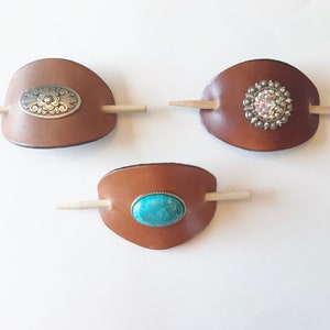 Custom made large leather hair barrettes with interchangeable screw back conchos, turquoise, rhinestones, women, rodeo, bling, hair clips