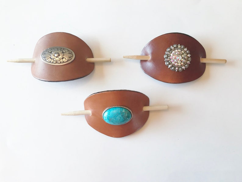 hair clips rhinestones Custom made large leather hair barrettes with interchangeable screw back conchos rodeo turquoise women bling