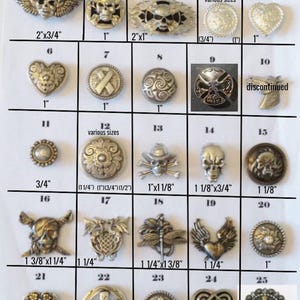 Conchos, extras, interchangeable, barettes, necklaces, screw back(skulls, western, hearts, turquoise, dragons, horses, wildlife, military)