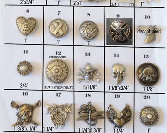 Conchos, extras, interchangeable, barettes, necklaces, screw back(skulls, western, hearts, turquoise, dragons, horses, wildlife, military)