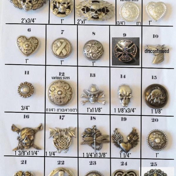 Conchos, extras, interchangeable, barettes, necklaces, screw back(skulls, western, hearts, turquoise, dragons, horses, wildlife, military)