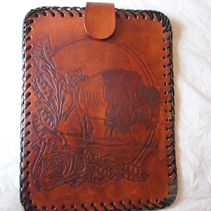 Small hand tooled leather tablet case with buffalo Made in Montana