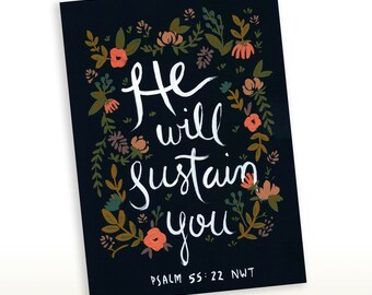 Greeting Card - He Will Sustain You Psalms 55:22, Bible Verse Wall Art, Scripture Print, Christian Art, Encouragement Card, JW Gift, JW Card