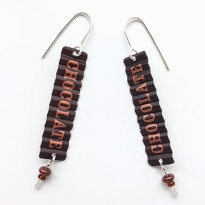 Recycled Chocolate Tin Earrings, Glass Bead Dangle, Sterling Silver