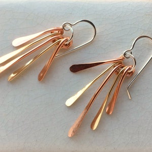 Copper and brass boho fringe earrings, hammered copper and brass dangles on a sterling silver ring, sterling silver ear wires, lightweight