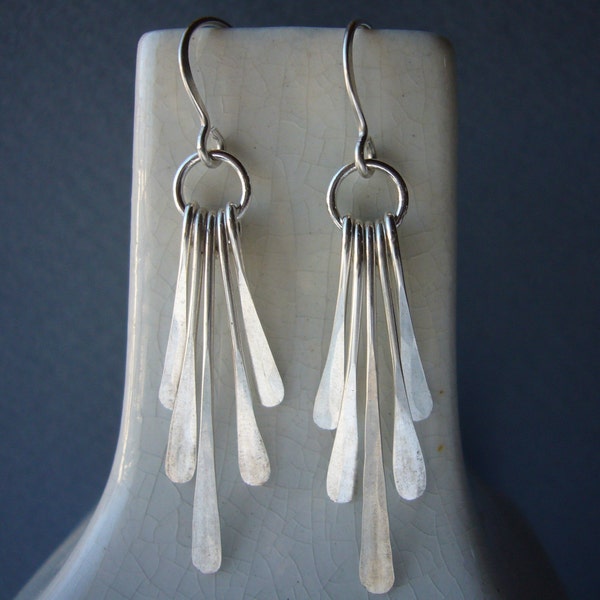 Sterling silver fringe earrings, boho hammered silver dangles, lightweight