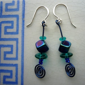 Big Spiral with Cube earrings....dark blue anodized niobium spiral wire earrings, with glass beads and sterling silver ear wires