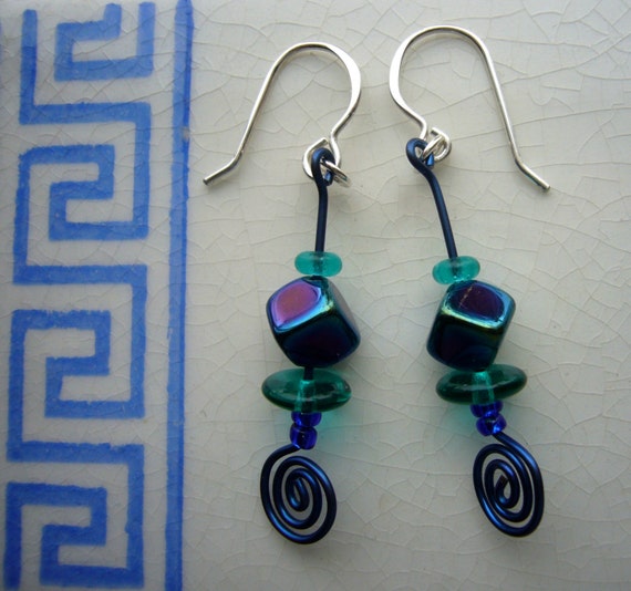Blue Glass Leaf Copper Boho Dangle Earrings with Niobium Ear wires