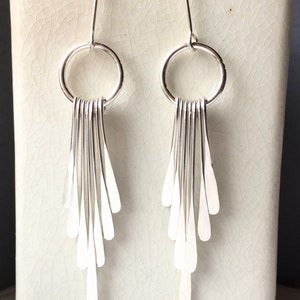 Long Boho sterling silver fringe earrings, hammered silver dangles, lightweight