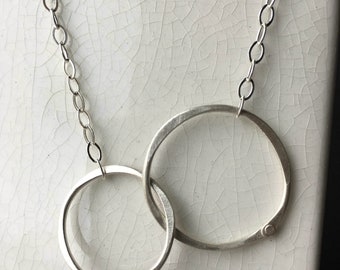 Silver Double Riveted Circle Necklace, Sterling Silver Brushed Finish, 16" chain