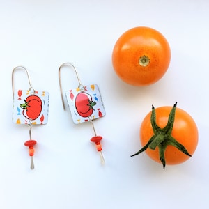 Recycled Tin Earrings...tomato design tin earrings with glass bead drop, sterling silver ear wires