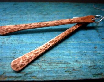 Hammered Recycled Copper Bar Earrings, Sterling Silver Ear Wires