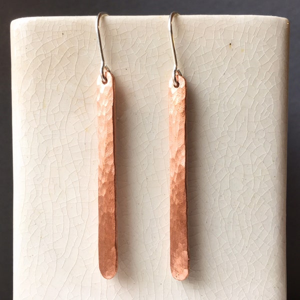 Rustic copper bar earrings... recycled copper wire, eco-friendly, hammered copper bar earrings, sterling silver ear wires