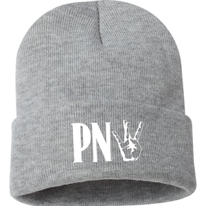 May include: Gray beanie with a white "PN" logo and a hand sign.