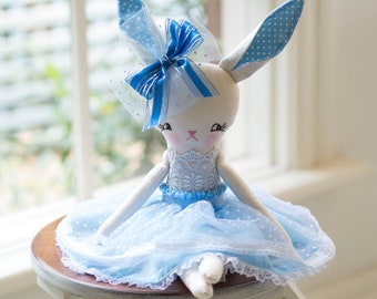 Handmade cloth doll - Gorgeous cloth bunny rabbit doll wearing a blue/white lace and tulle outfit and pantaloons