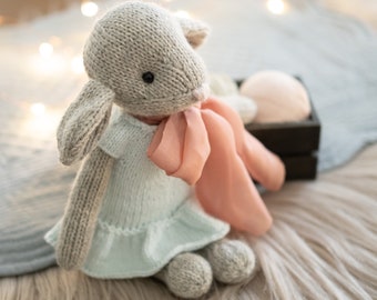 Amigurumi knit doll - Sweet cuddly grey mouse in a knit dress with removable chiffon bow