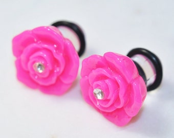 PAIR 0g/8mm Flower Plugs, Pink Rose No Flare Ear Gauges, Acrylic Body Piercing Jewelry For Stretched Ears, Girly Cute Wedding Work Hiders