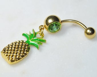 CLEARANCE Pineapple Belly Ring, Body Piercing Jewelry, 14g 14 gauge, Yellow Gold IP 316L Stainless Surgical Steel, Crystal Charm Navel Green