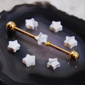 Howlite Star Wire-Wrapped Industrial Bar, Titanium or 316L Surgical Steel 14g 16g 32mm 35mm 38mm Gem Long Barbell Double Cartilage Piercing image 1