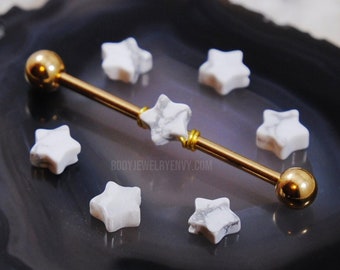 Howlite Star Wire-Wrapped Industrial Bar, Titanium or 316L Surgical Steel 14g 16g 32mm 35mm 38mm Gem Long Barbell Double Cartilage Piercing