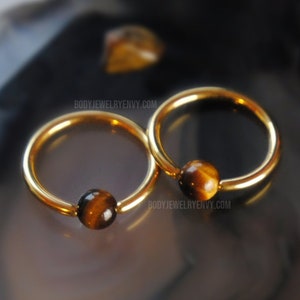 PAIR Tiger&#39;s Eye Nipple Rings, 316L Surgical Steel or Titanium, Beautiful Stone Captive Bead Rings 14g 10mm/11mm/12mm/14mm/16mm/19mm SET