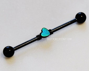 Rainbow Heart Wire-Wrapped Industrial Bar, Titanium or 316L Surgical Steel 14g 16g 32mm 35mm 38mm Gem Long Barbell Double Cartilage Piercing