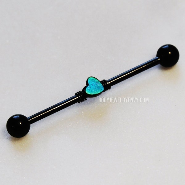 Rainbow Heart Wire-Wrapped Industrial Bar, Titanium or 316L Surgical Steel 14g 16g 32mm 35mm 38mm Gem Long Barbell Double Cartilage Piercing