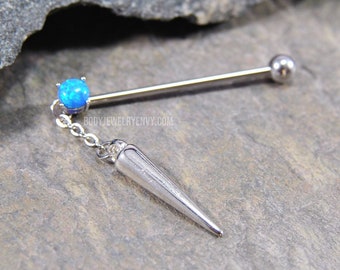 Spike Blue Opal Industrial Barbell 14g 32mm 35mm 38mm 316L Surgical Steel Upper Ear Cartilage Bar Dangle Charm Scaffold Piercing Jewelry