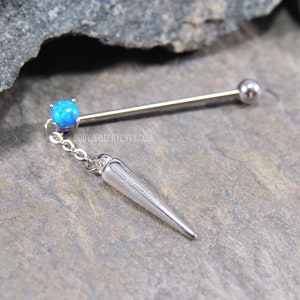 Spike Blue Opal Industrial Barbell 14g 32mm 35mm 38mm 316L Surgical Steel Upper Ear Cartilage Bar Dangle Charm Scaffold Piercing Jewelry