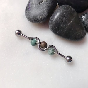 African Turquoise Wire-Wrapped Industrial Bar, 14g 35mm/38mm 316L Surgical Steel Silver/Gold/Rose/Black, Boho Earthy Wavy Cartilage Barbell