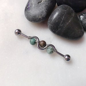 African Turquoise Wire-Wrapped Industrial Bar, 14g 35mm/38mm 316L Surgical Steel Silver/Gold/Black, Boho Earthy Beads Wavy Cartilage Barbell