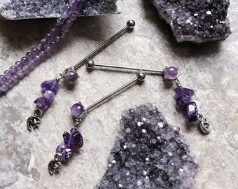 Amethyst Moon Industrial Barbell, 14g 32mm 35mm 38mm, 316L Surgical Steel, Dangle Charm, Upper Ear Cartilage Bar Scaffold Piercing Jewelry