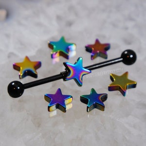 Barra industrial enrolada em arame Rainbow Star, titânio ou aço cirúrgico 316L 14g 16g 32mm 35mm 38mm Gem Long Barbell Piercing de cartilagem dupla