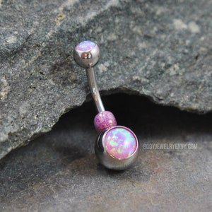 Lavender Double Opal Belly Ring 14g 316L Stainless Surgical Steel Lab Faux Fire Opal Navel Belly Button Piercing Beaded Boho Gift for Her