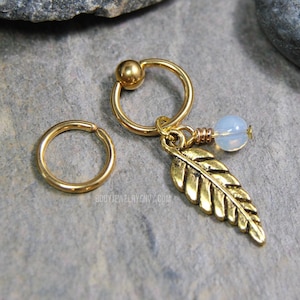Opalite Feather Cartilage Jewelry Captive Bead Ring CBR or Bendable Hoop Gold 316L Stainless Surgical Steel 20g/18g/16g/14g 6mm-12mm Charm