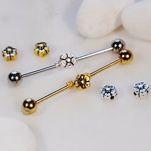 Flower Wire-Wrapped Bead Industrial Bar, Titanium or 316L Surgical Steel 14g 16g 32mm 35mm 38mm Gem Long Barbell Double Cartilage Piercing
