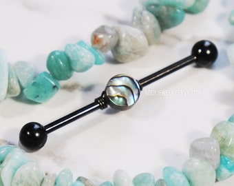 Abalone Wire-Wrapped Industrial Bar, Titanium or 316L Surgical Steel 14g 16g 32mm 35mm 38mm Long Barbell Double Cartilage Piercing Mermaid