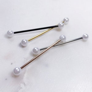 Pearl Industrial Bar, 16g 14g White/Pink 316L Stainless Surgical Steel Upper Ear Cartilage Barbell Scaffold Piercing Jewelry Rose Gold Black image 6